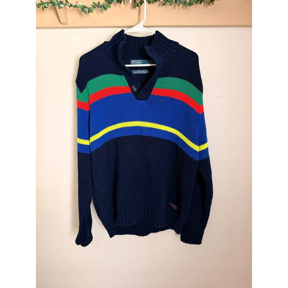 Polo Ralph Lauren Mens Colorblock Stripe Mock Neck Cotton Knit Sweater Navy L